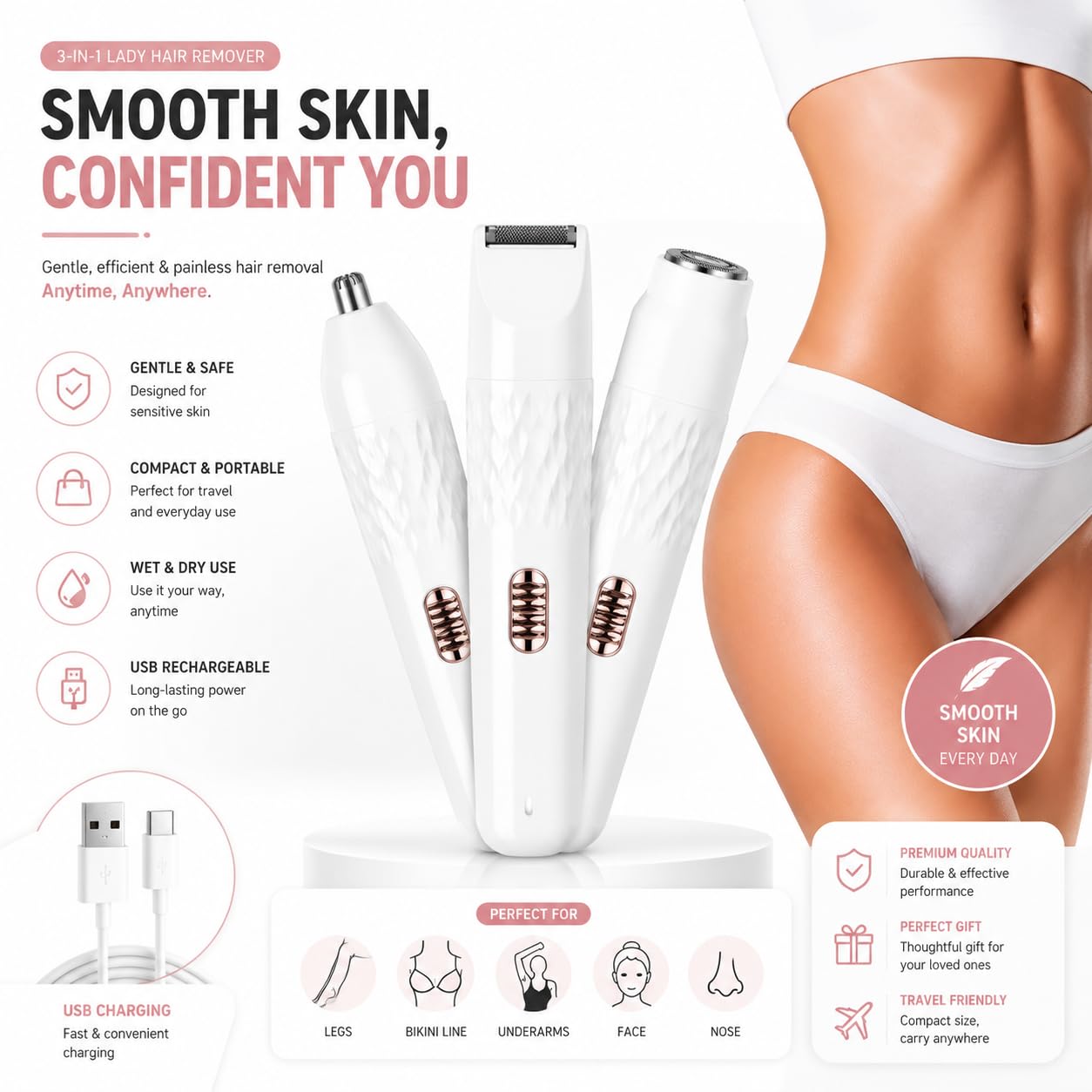 Eyebrow Trimmer for Woman All in One, 3-in-1 Epilator, Bikini Trimmer For Woman || Facial Hair Remover for Face, Nose, Intimate Areas, Arms,